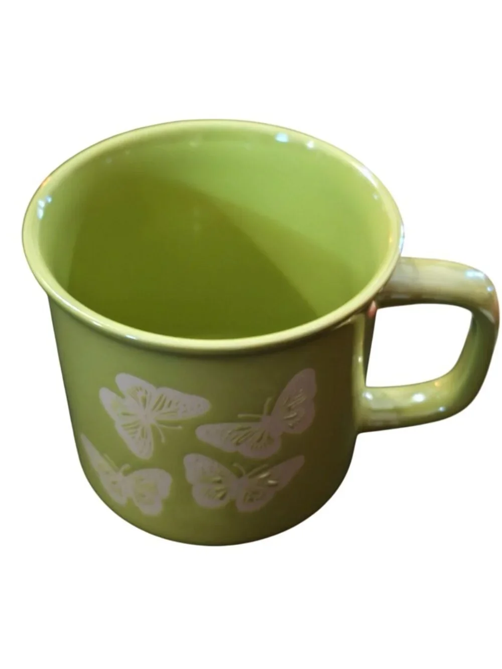 Butterfly Coffee Mug Cup Lime Green Ceramic Embossed Glaze Oversized 4